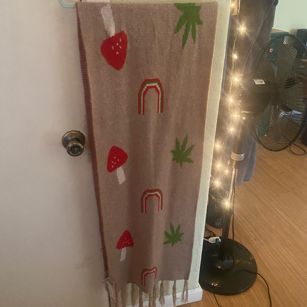 Boho Fringe Scarf with Mushroom and Rainbow Design